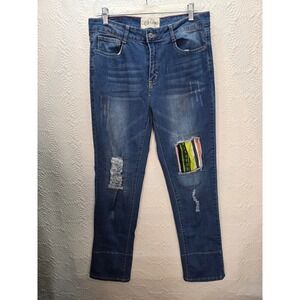 L&B Distressed Jeans Women 14 Blue Good Patchwork Mid Rise Straight Leg Stretch